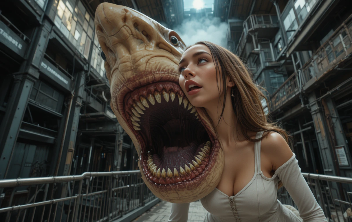 Aterrador tiburón animatrónico abalanzándose desde un acuario interior oscuro