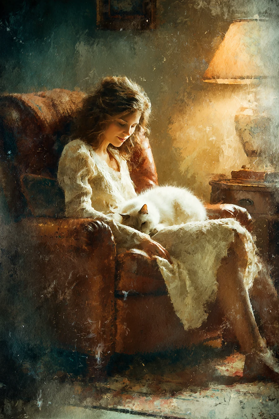 Mulher serena com gato em interior aquarelado iluminado