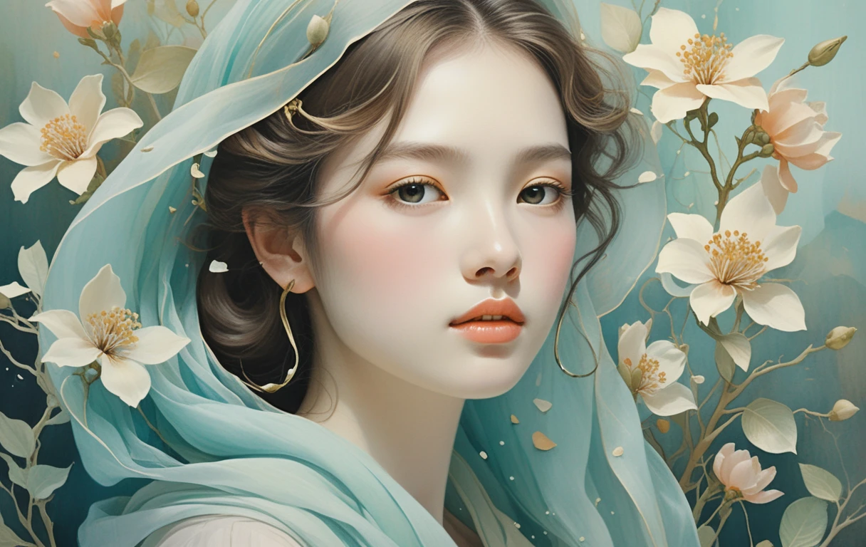 碧綠花霧中夢幻氛圍的年輕女子肖像