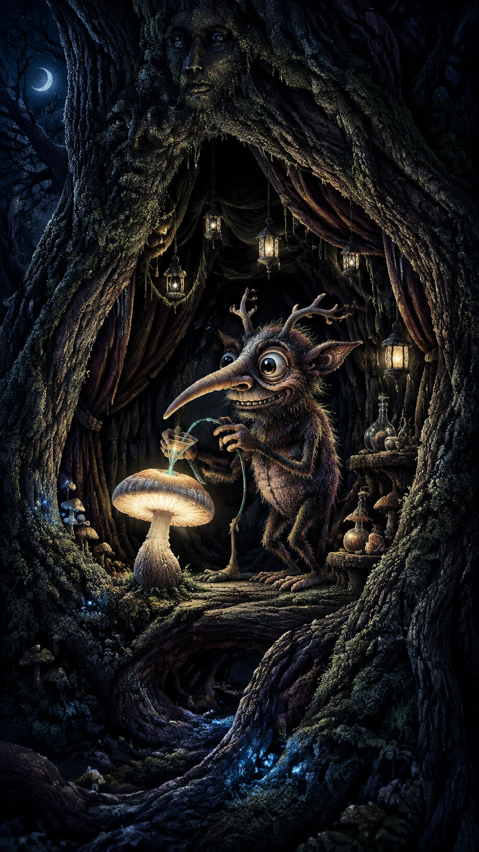 Tiny forest trickster sipping moonlight in a hollow tree