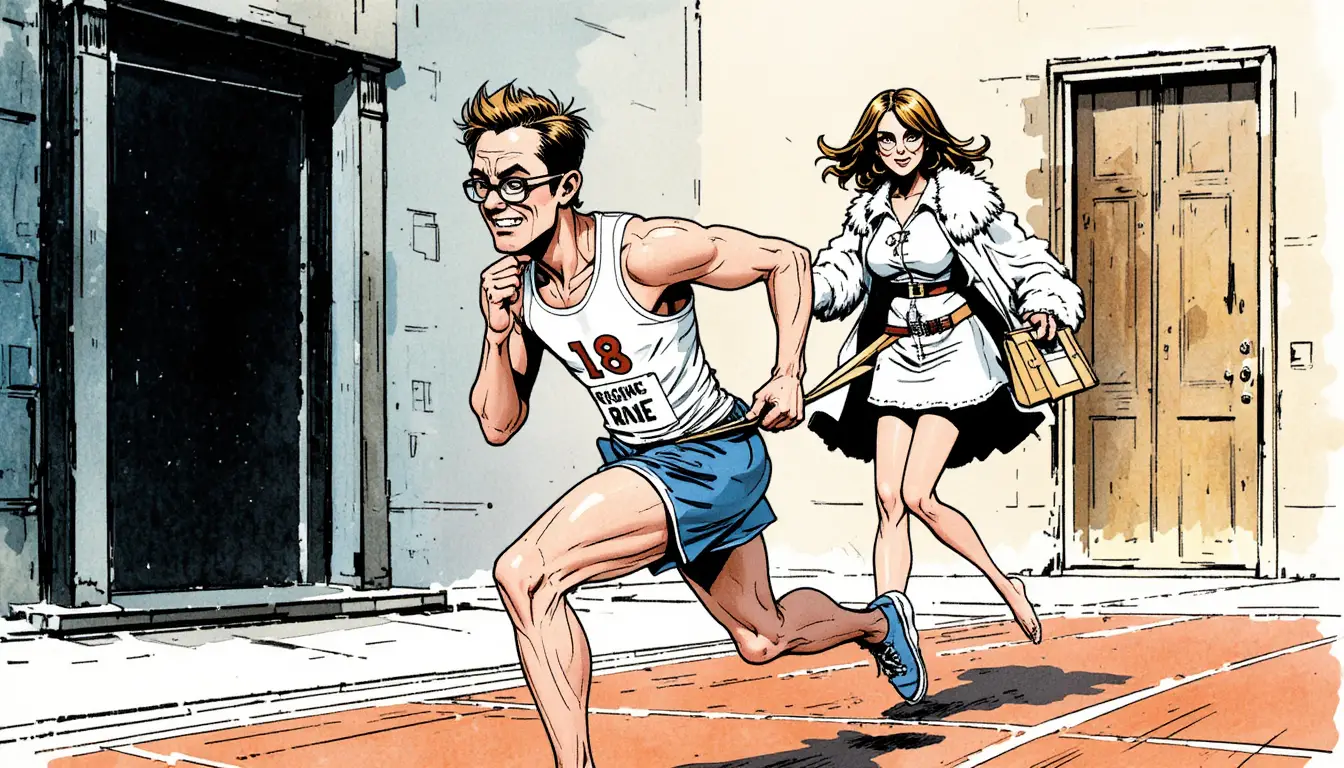 Comic runner pulled back by playful woman at starting block