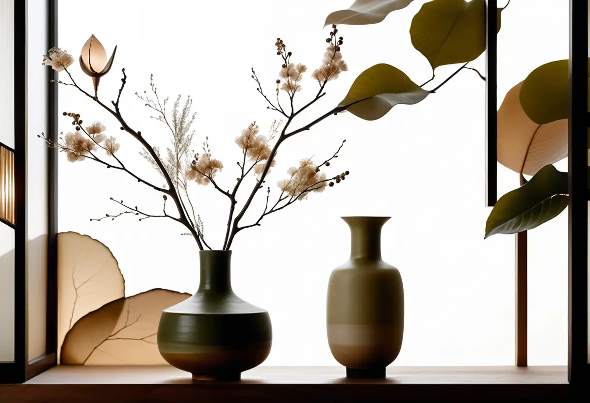 Serene Japandi interior with ceramics and soft natural light