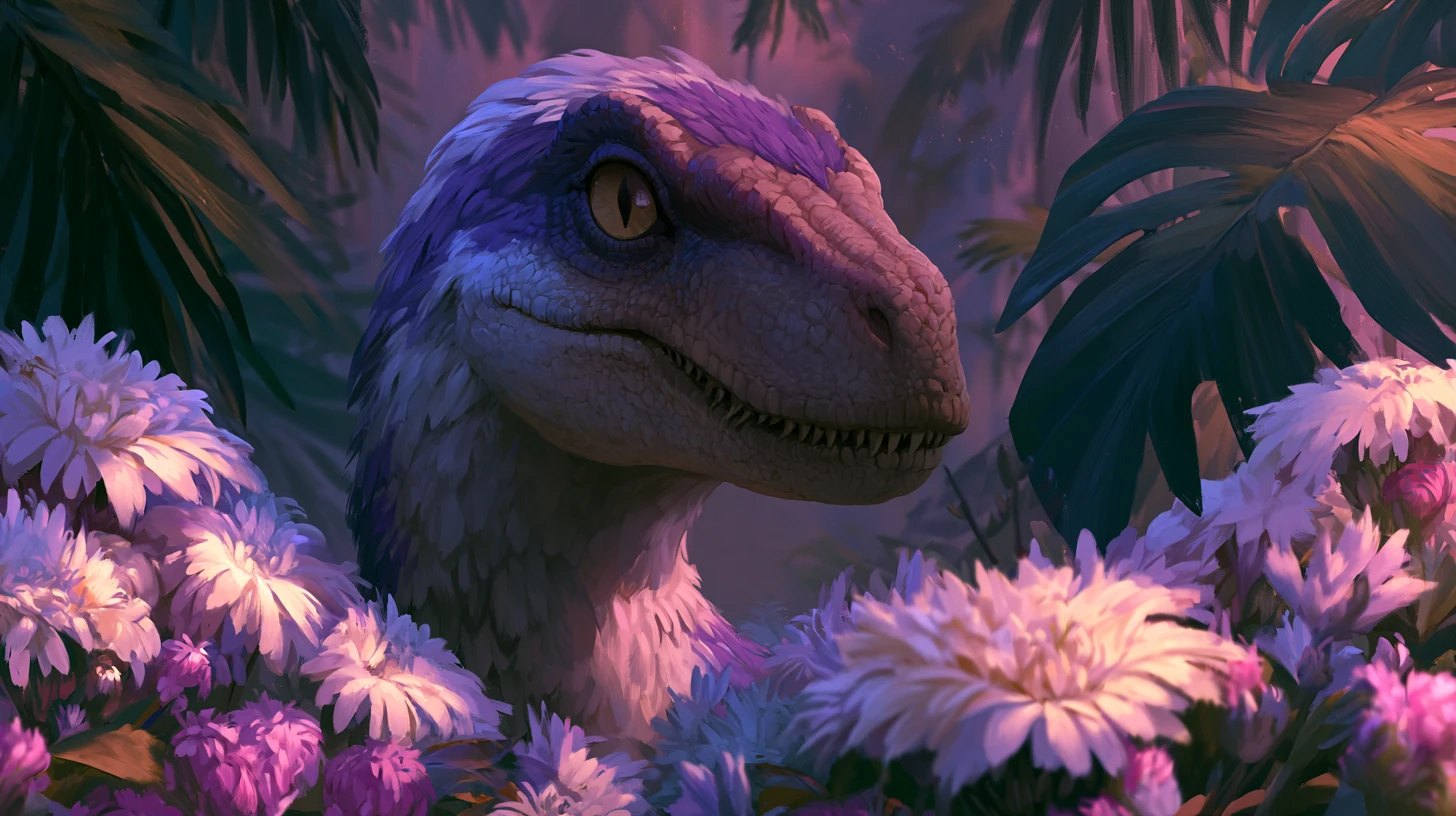 Vélociraptor à plumes caché parmi les fleurs de la jungle au crépuscule