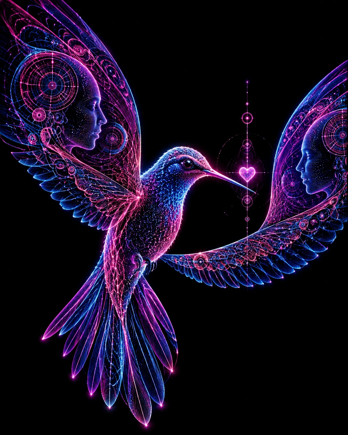 Beija-flor neon com perfis humanos e coração brilhante
