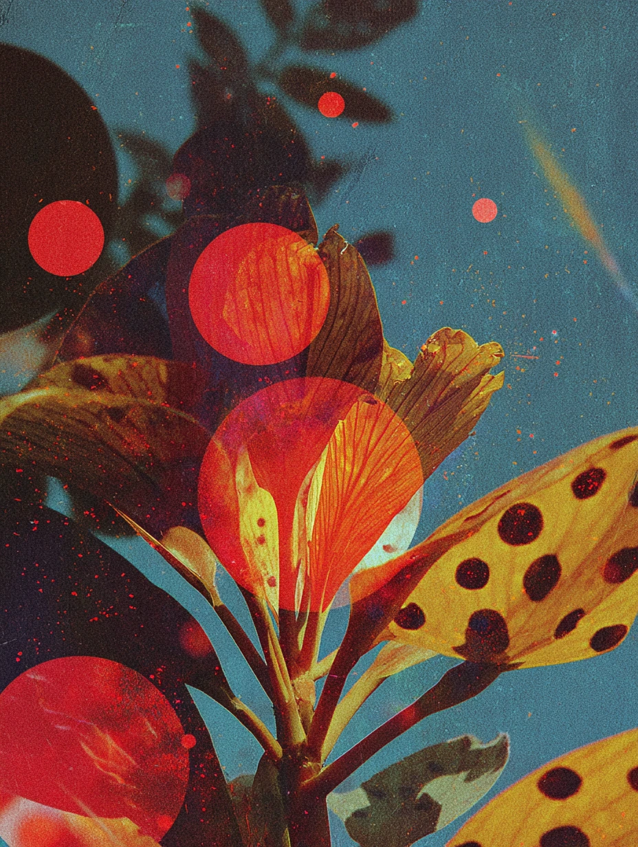 Surreales rotes Punkt-Universum in einer minimalistischen Vintage-Collage