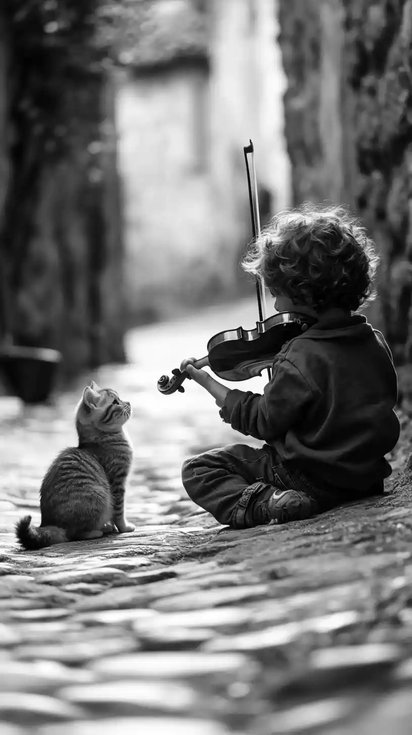 Petit garçon jouant du violon dans une rue pavée avec un chaton