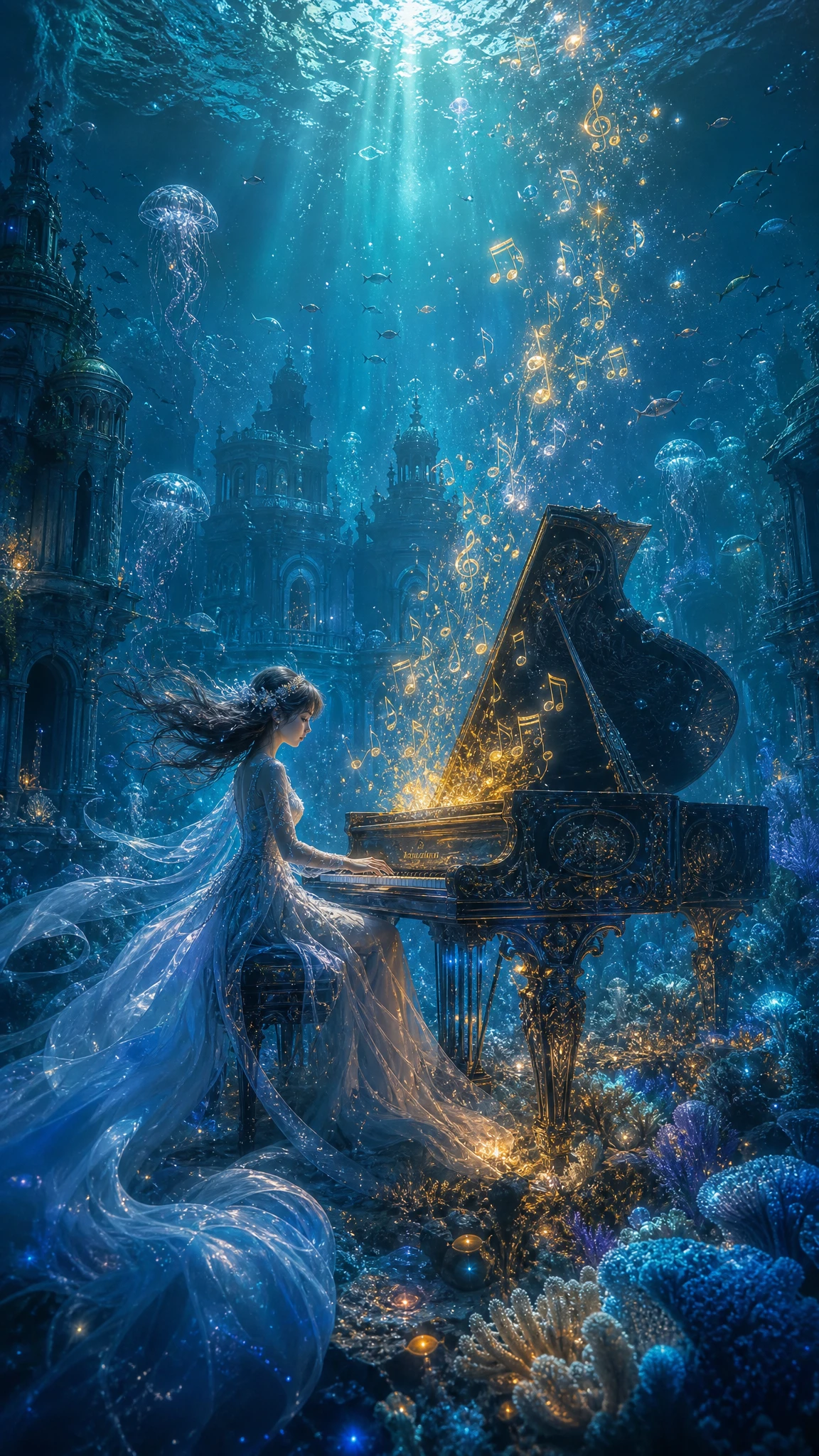 Mystical Pianist Playing A Grand Piano Underwater