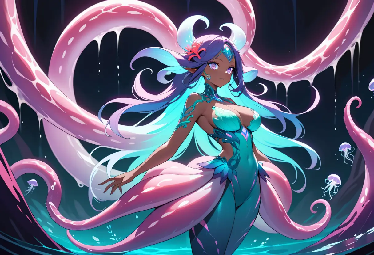 Bioluminescent squid woman in a deep ocean cavern