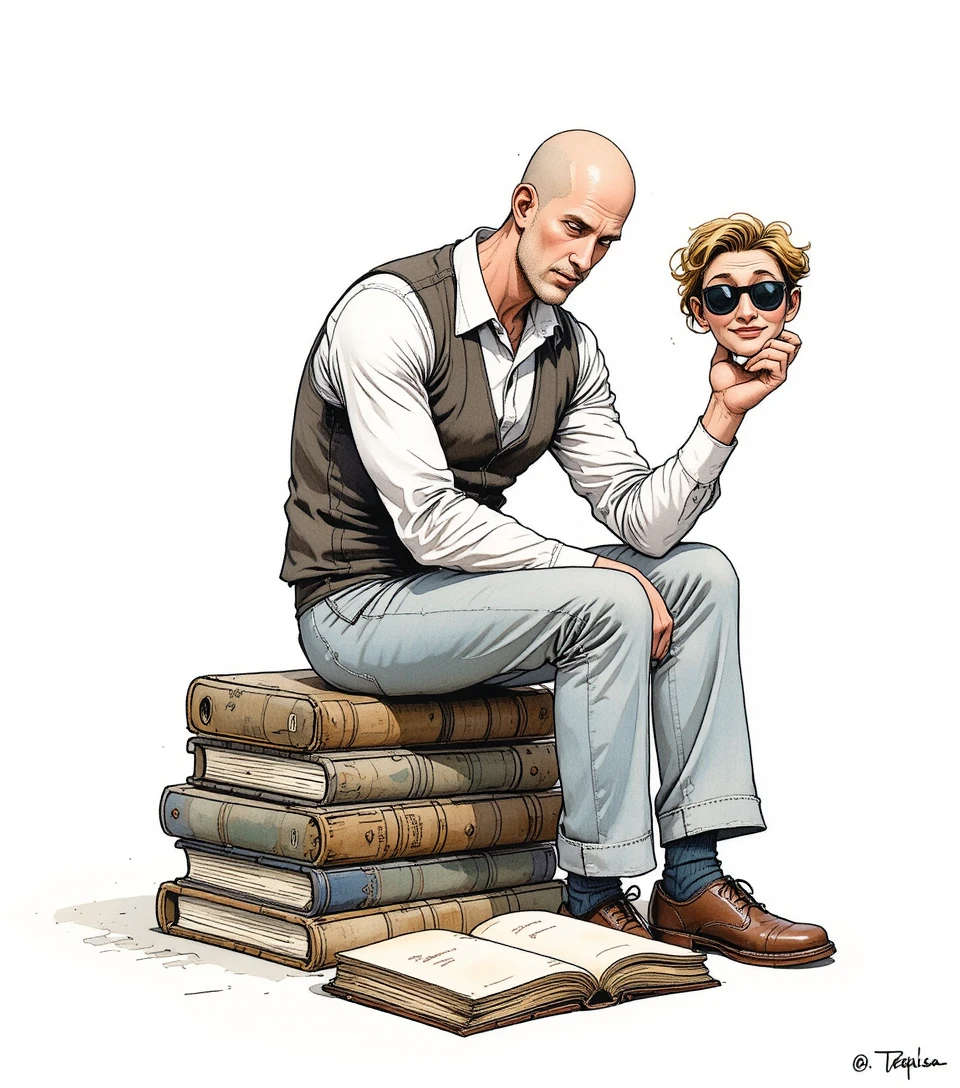 Headless man seated on old books holding his own head