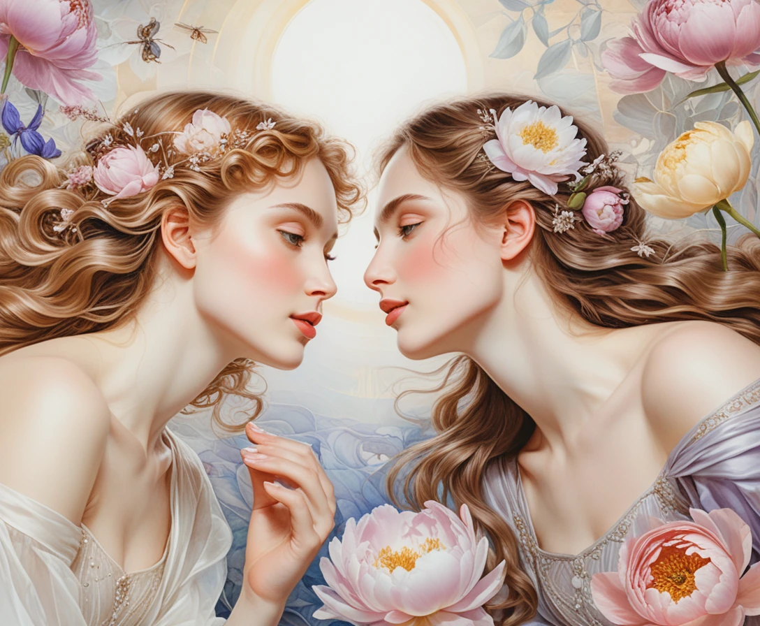 Romantic vision of bliss with luminous peonies and irises
