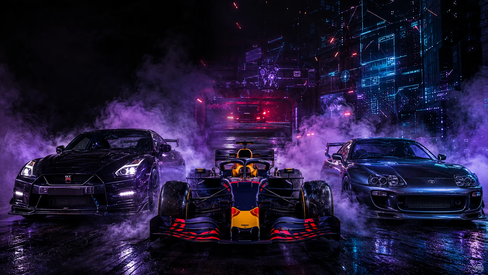 Carro de corrida neon surge da névoa de um túnel cyberpunk escuro