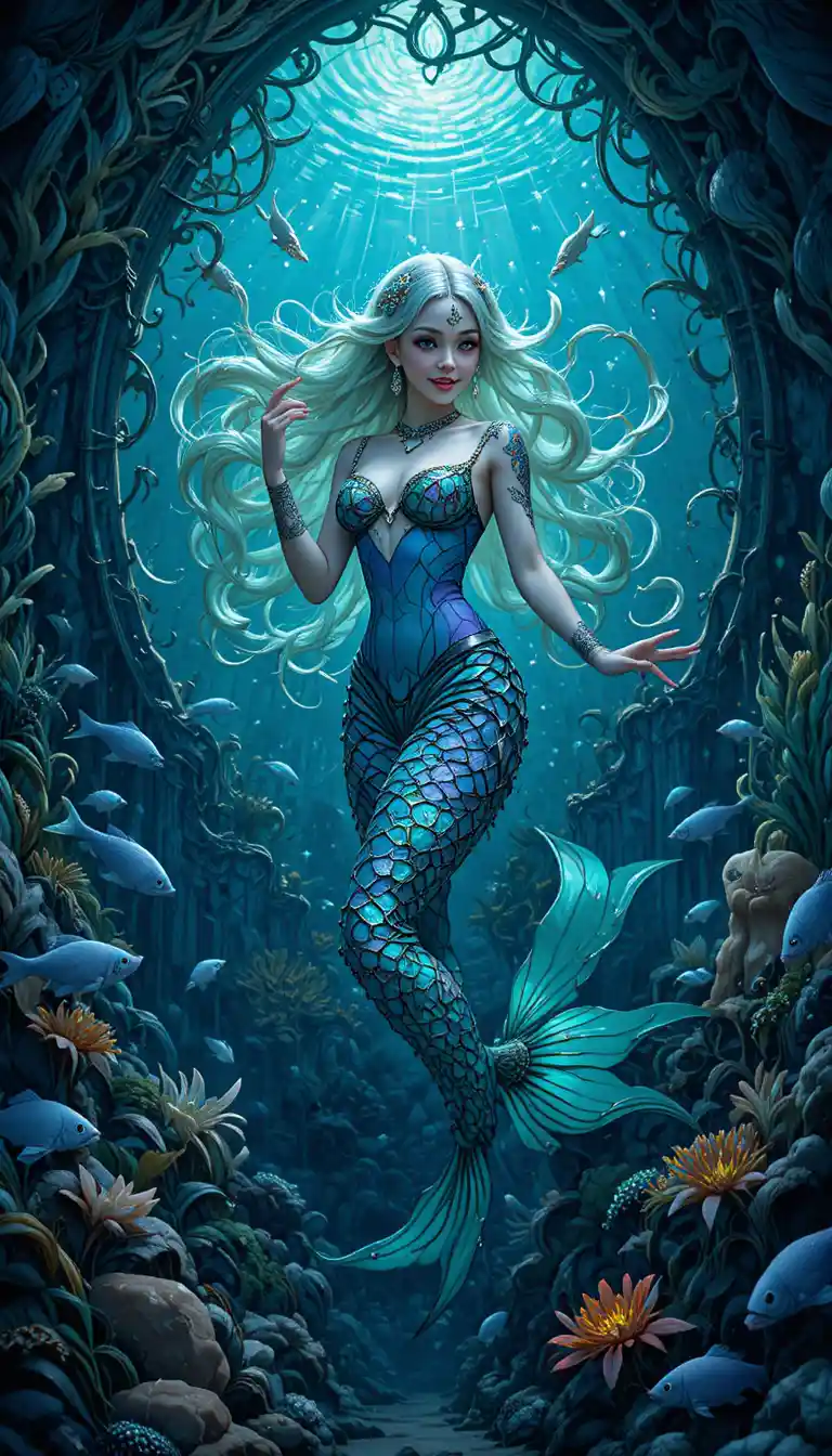 Playful siren in an art nouveau underwater grotto