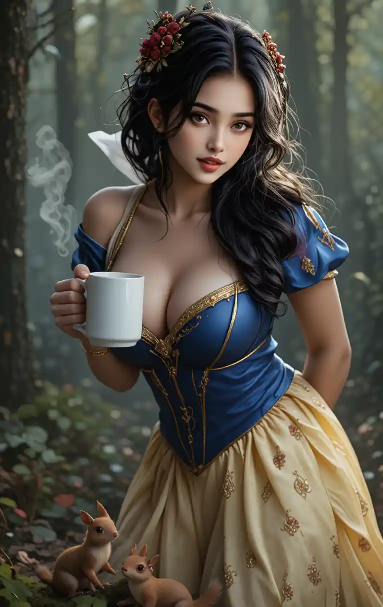 Mulher voluptuosa de fantasia se curvando em uma floresta mágica