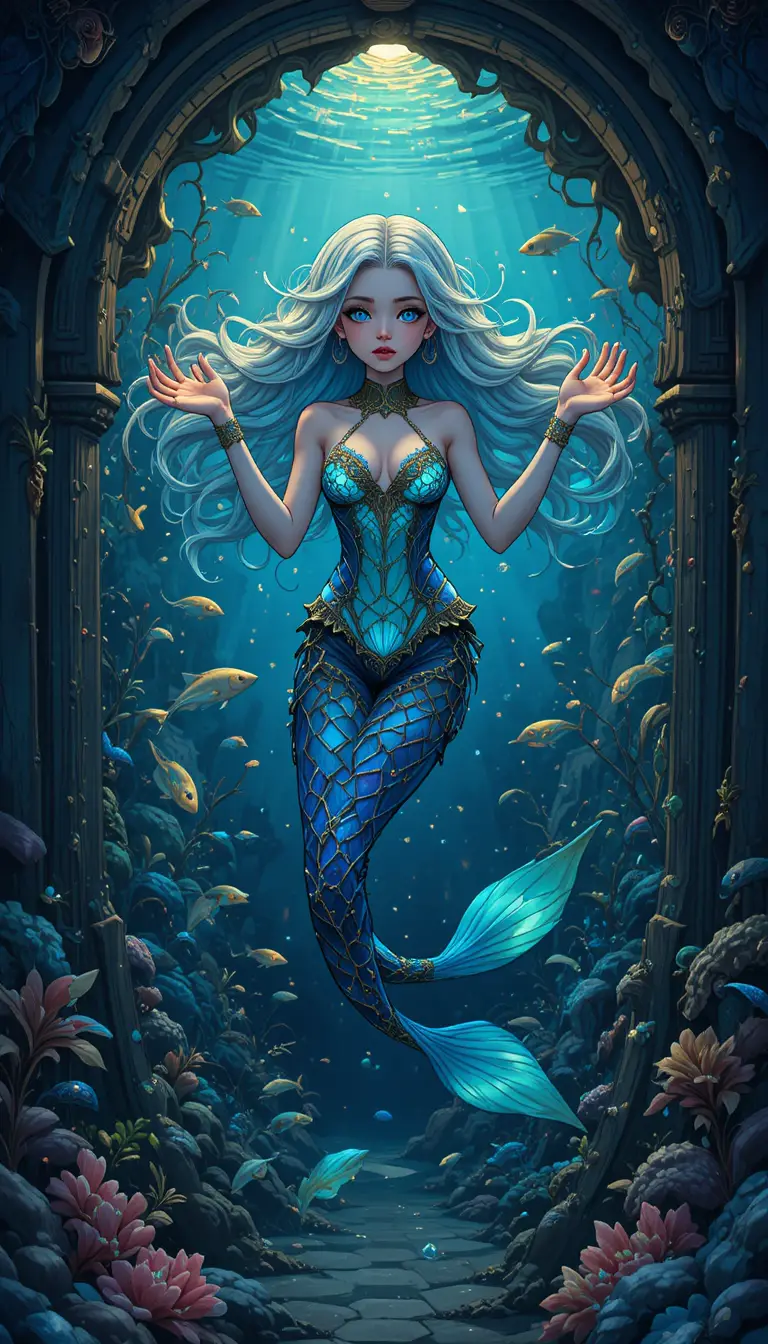 Playful siren in an underwater art nouveau grotto
