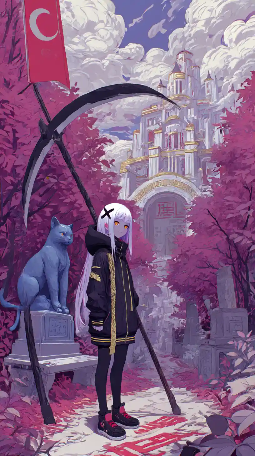 Mundo Roxo Surreal com Estátua de Gato de Anime e Árvores Pretas