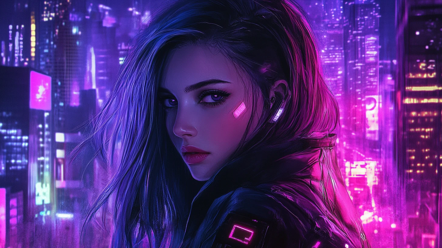 Mulher bonita em uma cidade cyberpunk neon à noite