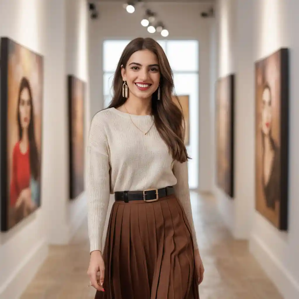 Junge Frau geht durch eine moderne Kunstgalerie
