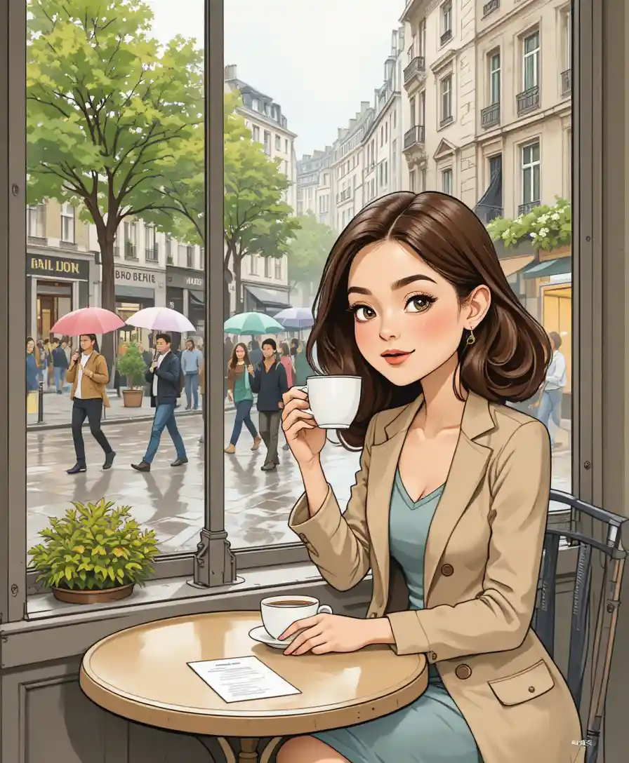 Young woman sipping coffee at paris streetside cafe