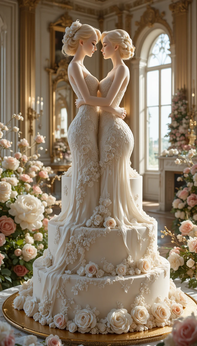 Romantic Wedding Cake Sculpted As Two Embracing Women