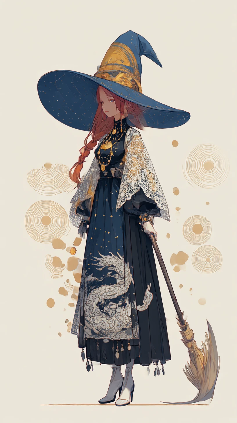 杖を持つ赤髪の魔女少女 華やかなファンタジー衣装