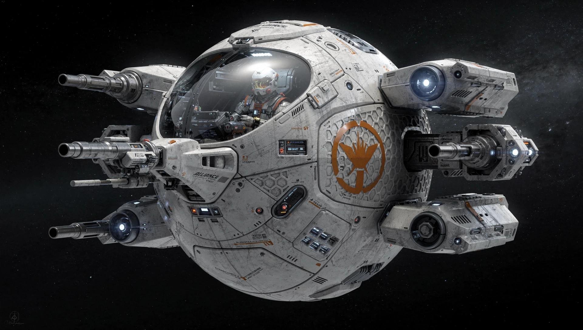 Kugelförmiger Einsitzer-Weltraumjäger mit sichtbarem Cockpit