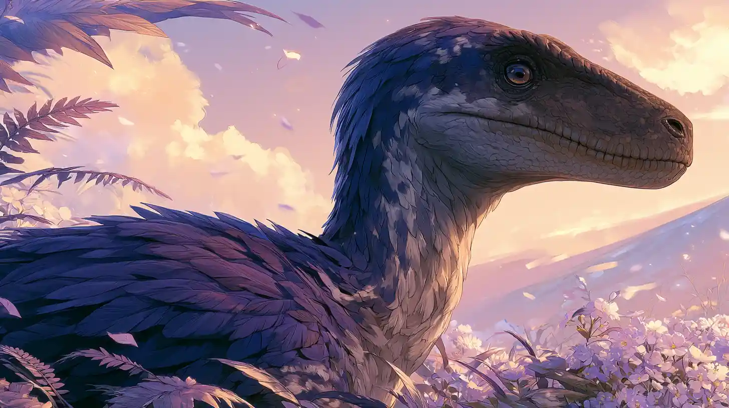 Retrato de velociraptor com penas em estilo anime e iluminação suave