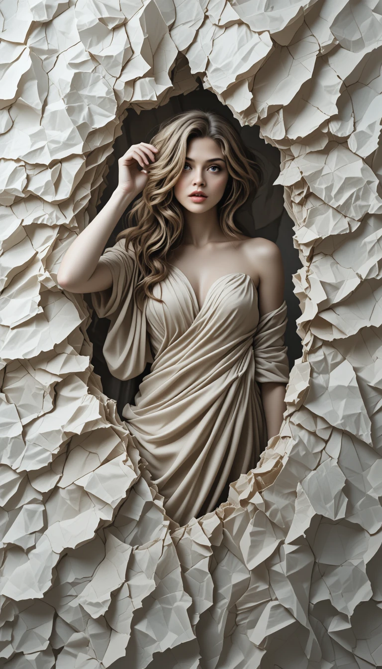 Mulher surreal emergindo de ilusão de papel amassado