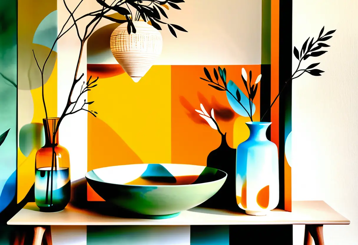 Serene Japandi interior with ceramics and natural branches