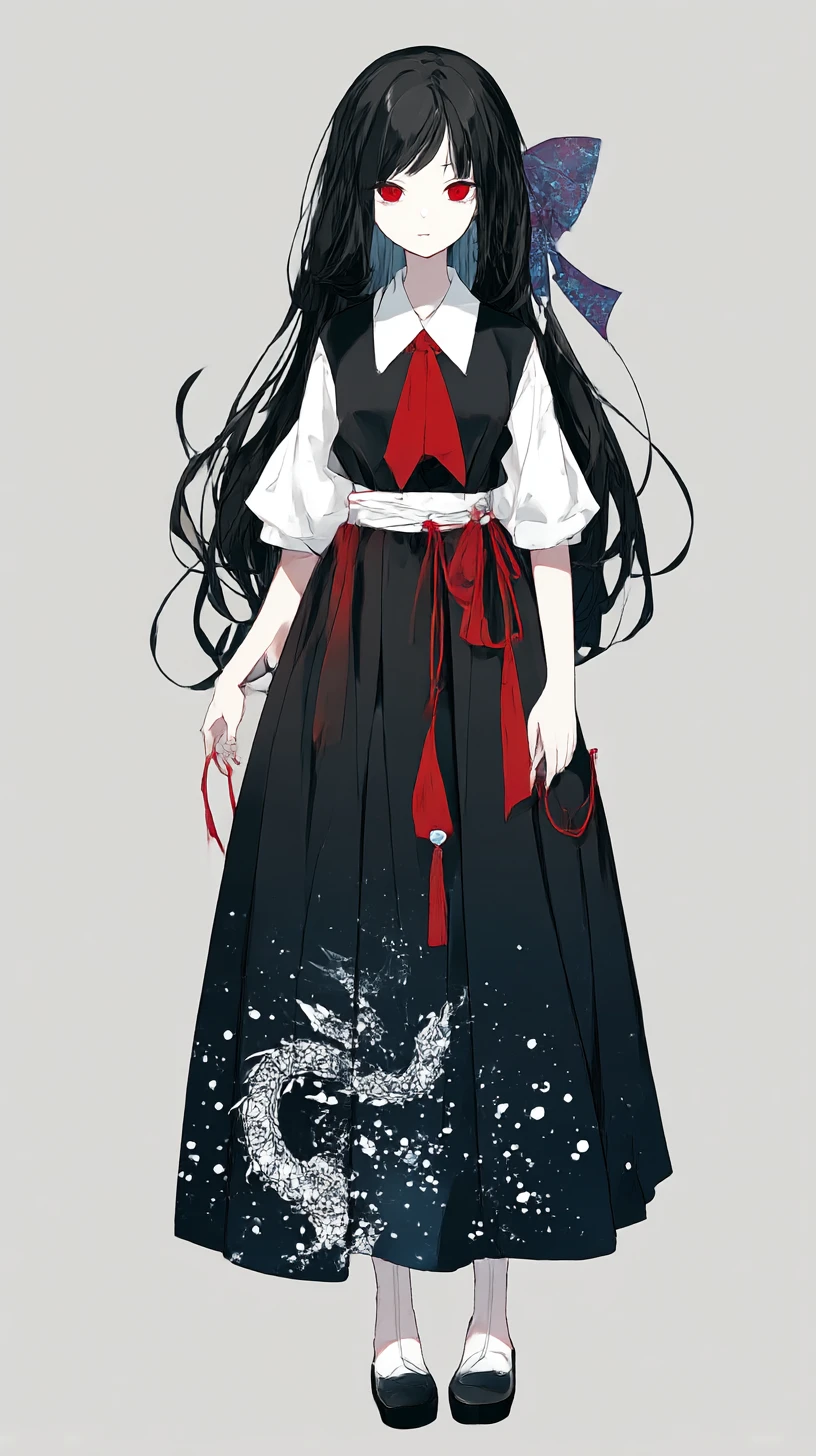 Anime girl with sad red eyes and long black hair