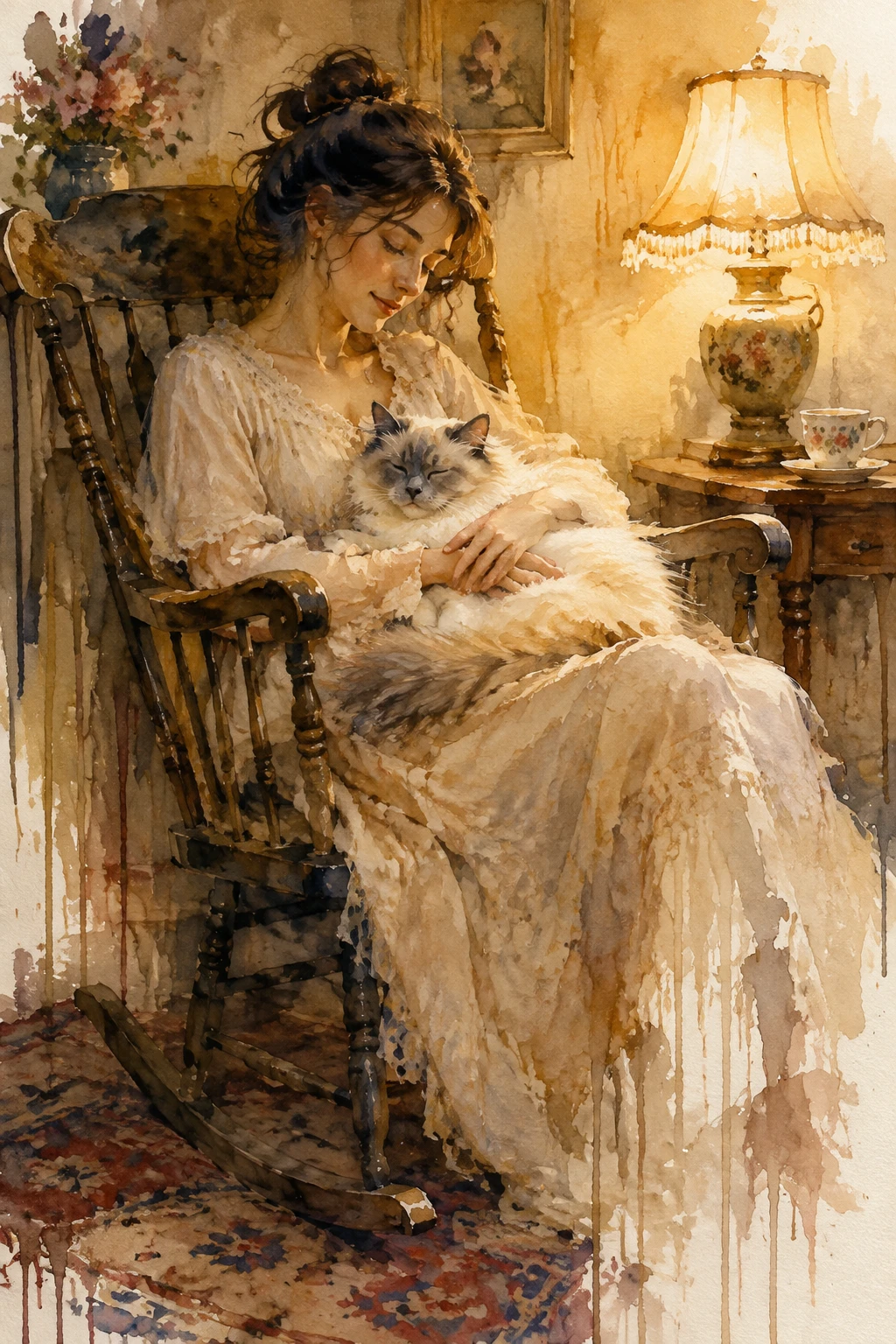 Mujer serena con gato en un acogedor interior en acuarela