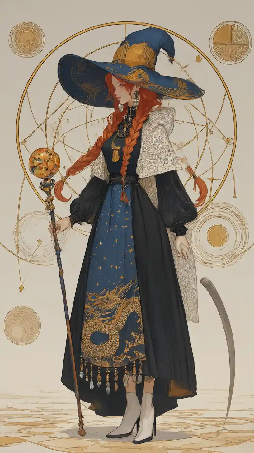 Red haired witch girl with celestial staff in ornate robes