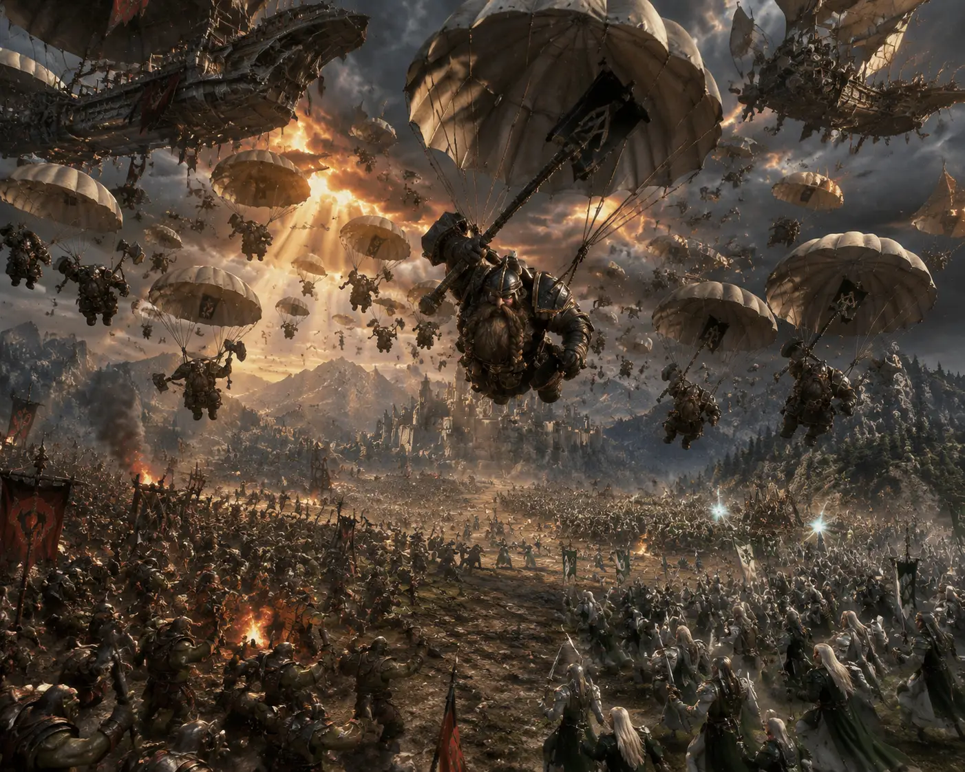 Assalto aereo dei nani su un vasto campo di battaglia fantasy
