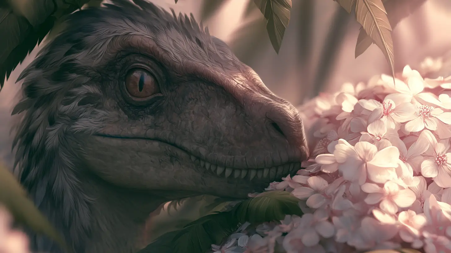 Vélociraptor à plumes camouflé parmi les fleurs de la jungle