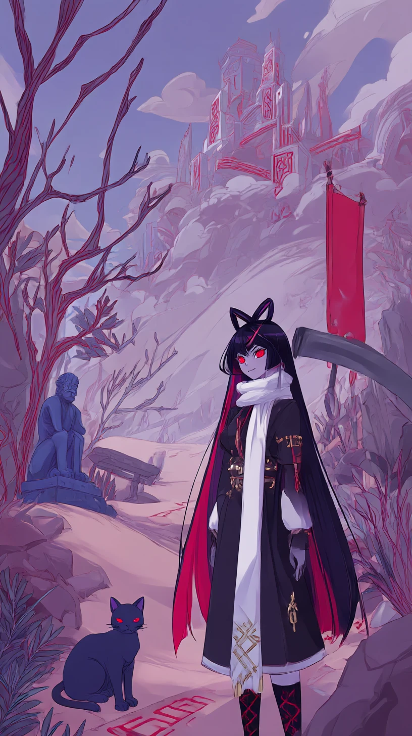 Purple fantasy landscape with blue cat statue and black trees