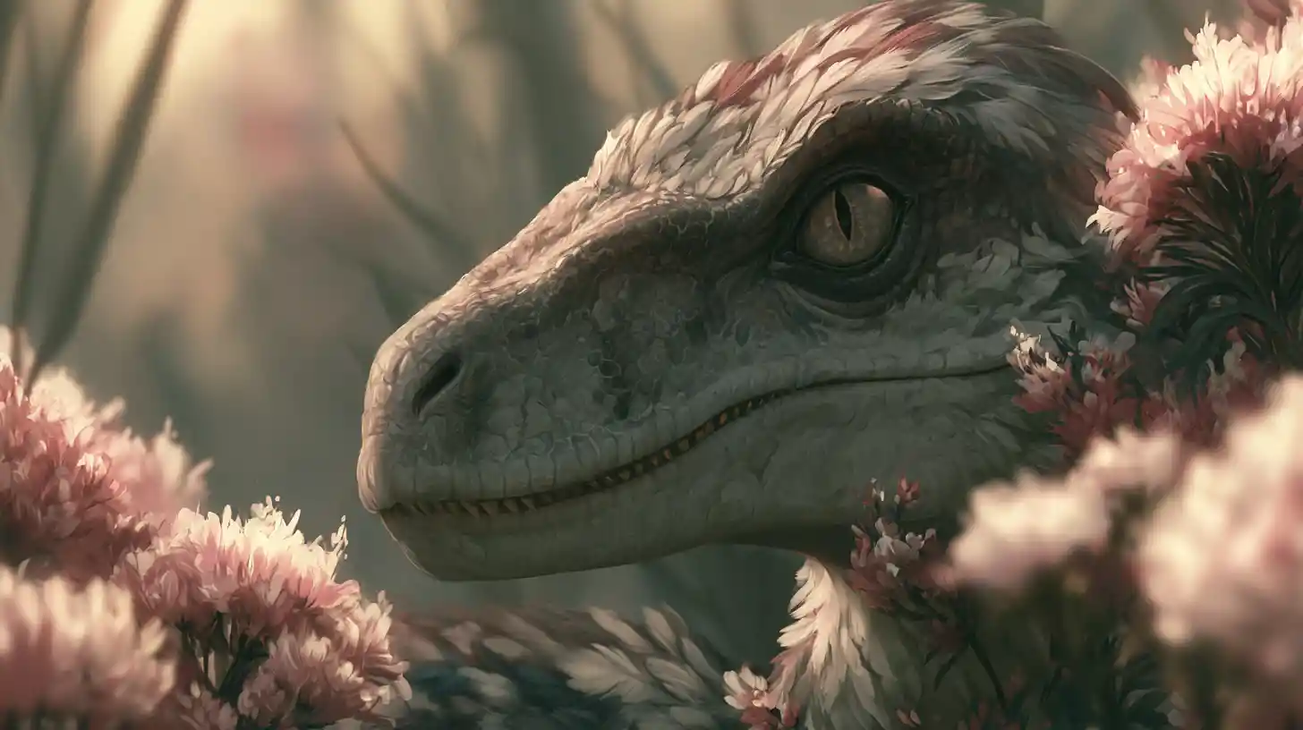 Velociraptor emplumado camuflado entre flores da selva ao crepúsculo