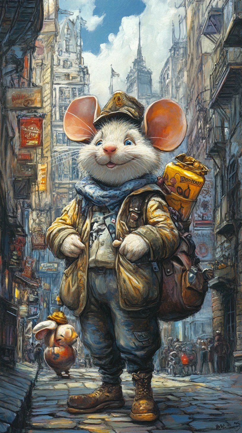 Personagens de rato em desenho animado explorando uma rua urbana iluminada