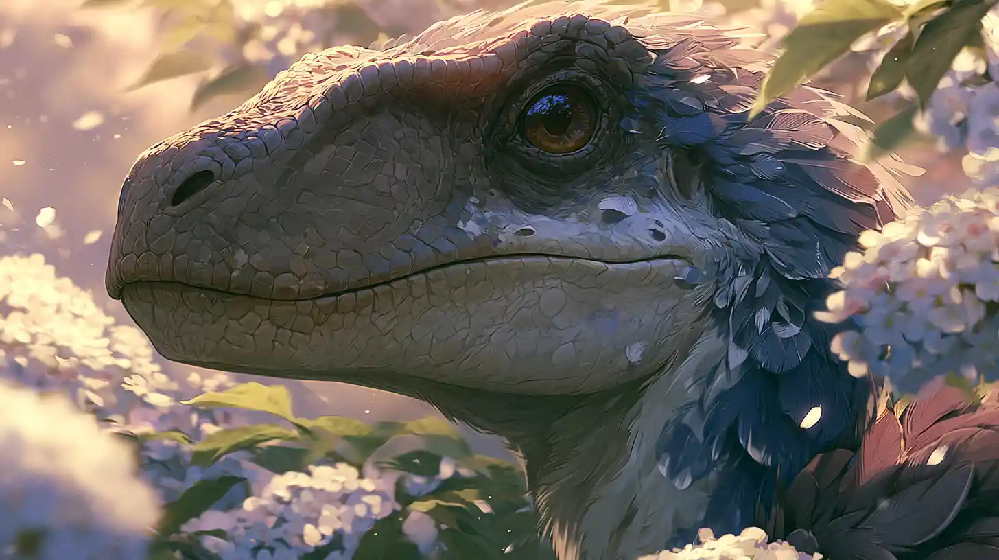 Retrato em anime de velociraptor com penas e iluminação suave e delicada