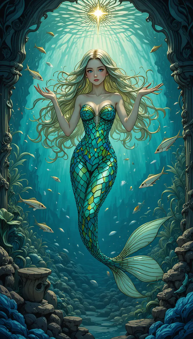 Mystical siren in an art nouveau underwater grotto
