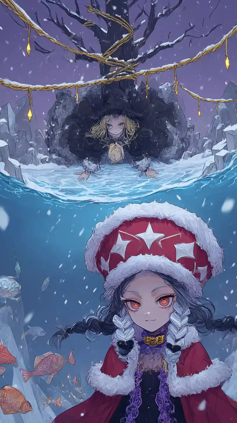 Anime girl floating on a calm lake with colorful fish