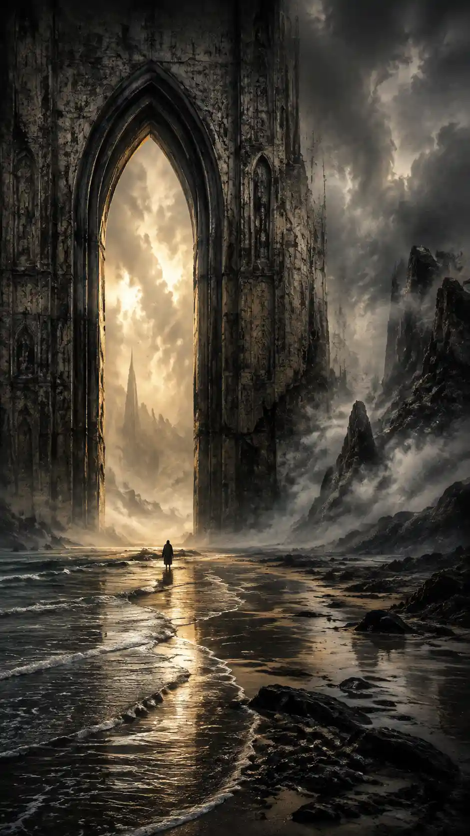 Figura solitária diante de um colossal portal gótico de pedra à beira-mar