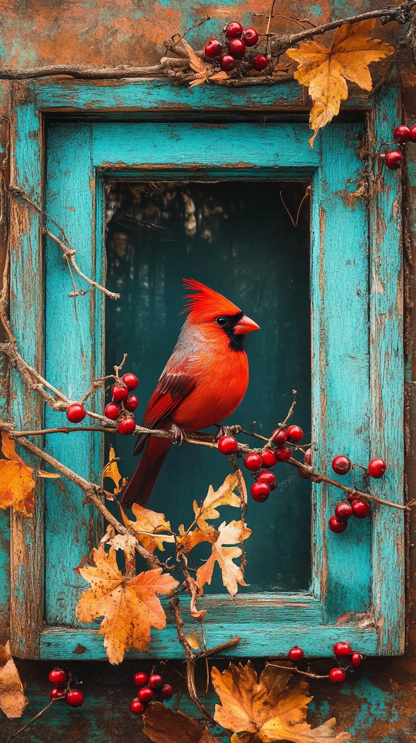 Pássaro vermelho em um galho ao lado de uma antiga janela turquesa