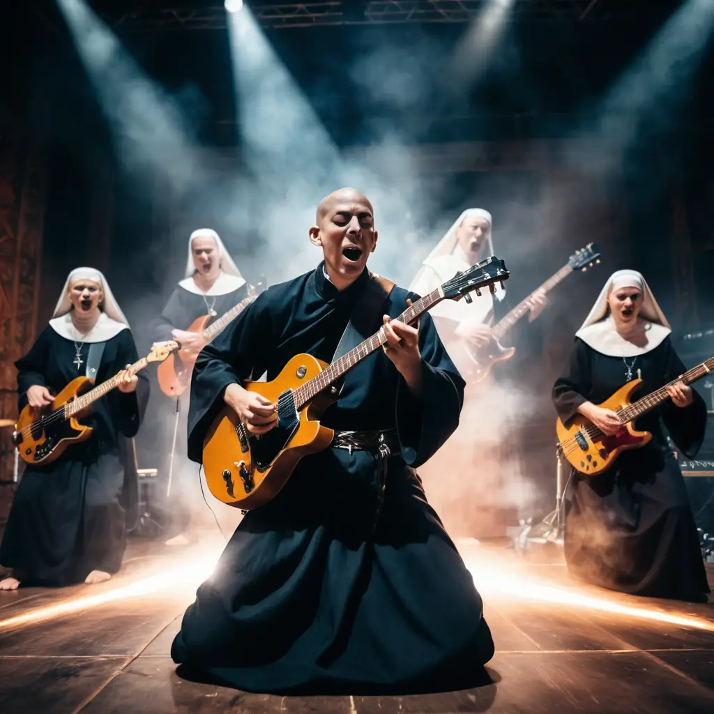 Moine et nonne chantant avec un groupe de heavy metal sur scène