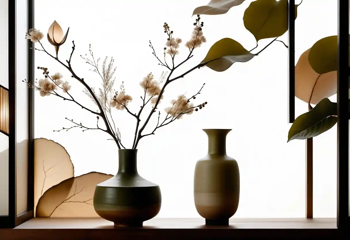 Intérieur Japandi serein avec céramiques et douce lumière naturelle