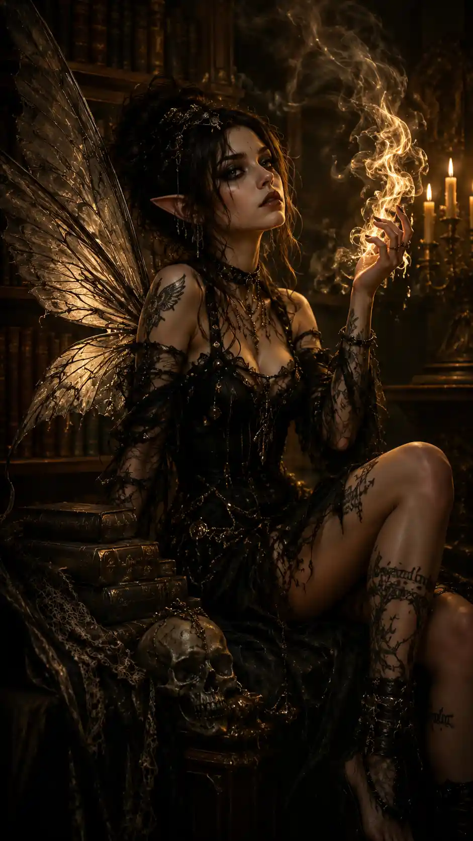 Baroque dark fantasy fairy in a gothic candlelit library