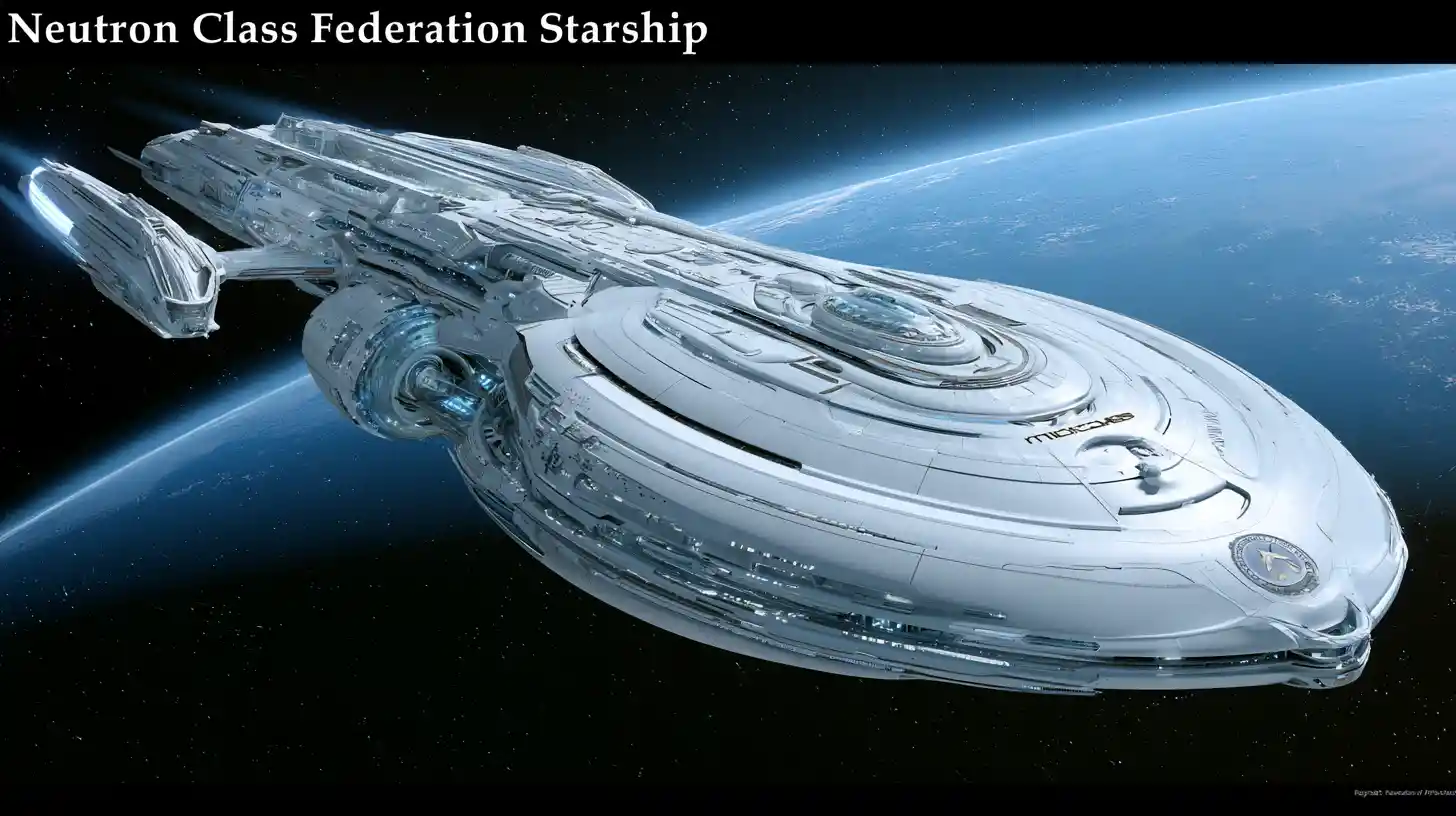 Föderationsraumschiff mit Warpgondeln gleitet an blauem Planeten vorbei