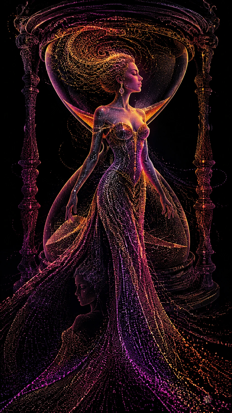 Mulher surreal de partículas em alta-costura se dissolvendo dentro de uma ampulheta