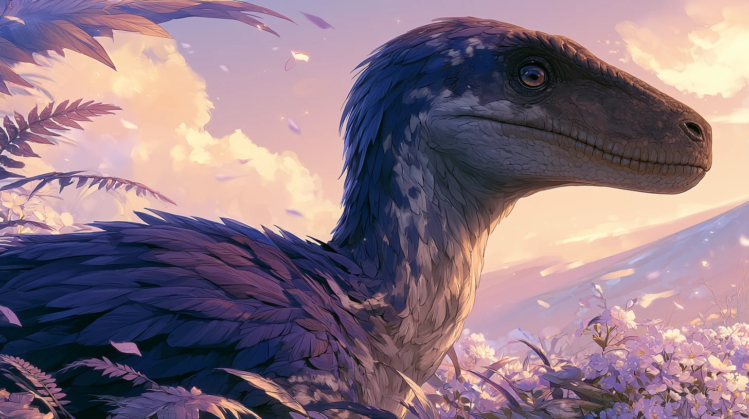 Retrato de velociraptor com penas em estilo anime e iluminação suave