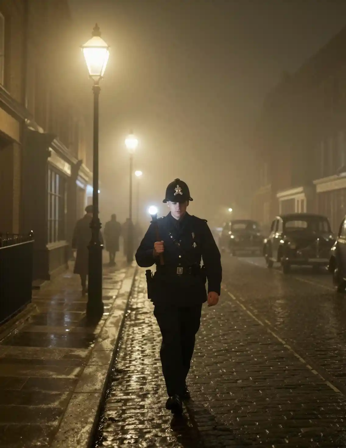 Londoner Polizist im dichten Nebel auf einer nächtlichen Straße der 1950er