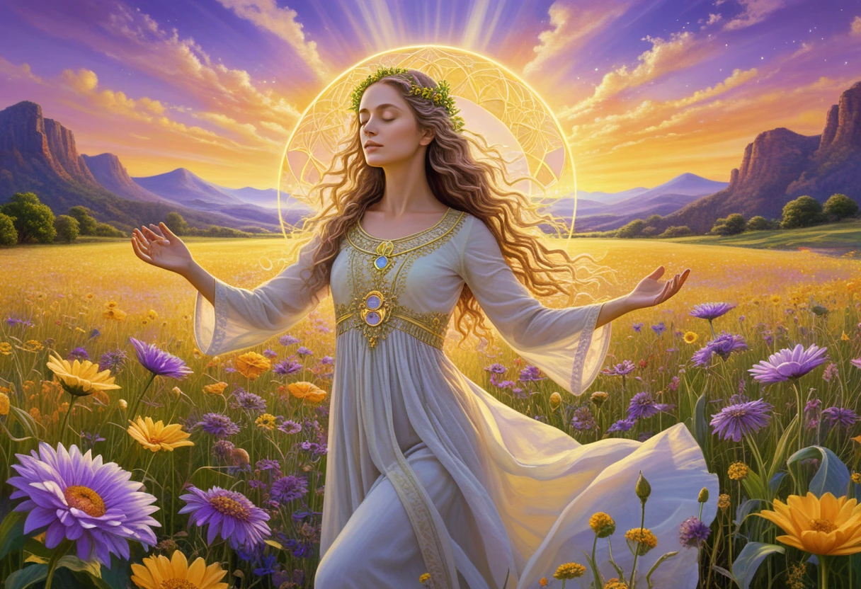 Giovane donna serena in un campo dorato di fiori luminosi
