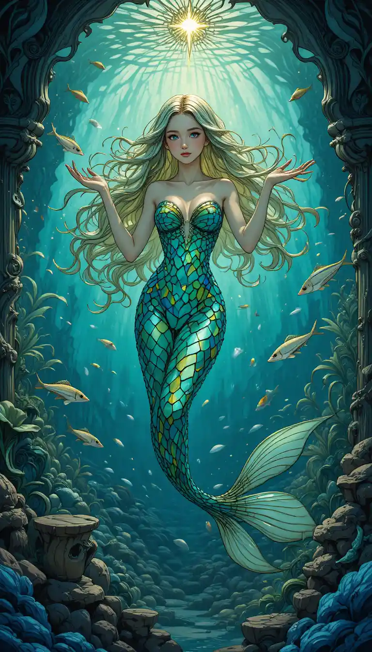 Mystical siren in an art nouveau underwater grotto